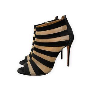 AQUAZZURA Black Suede & Nude Mesh Striped Sandals | Size: 8.5 | IT 38.5 |